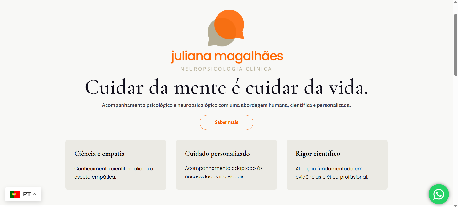 Warm neutral WordPress Elementor membership website homepage for Portuguese therapist Juliana Magalhães showing hero section and three subscription tiers