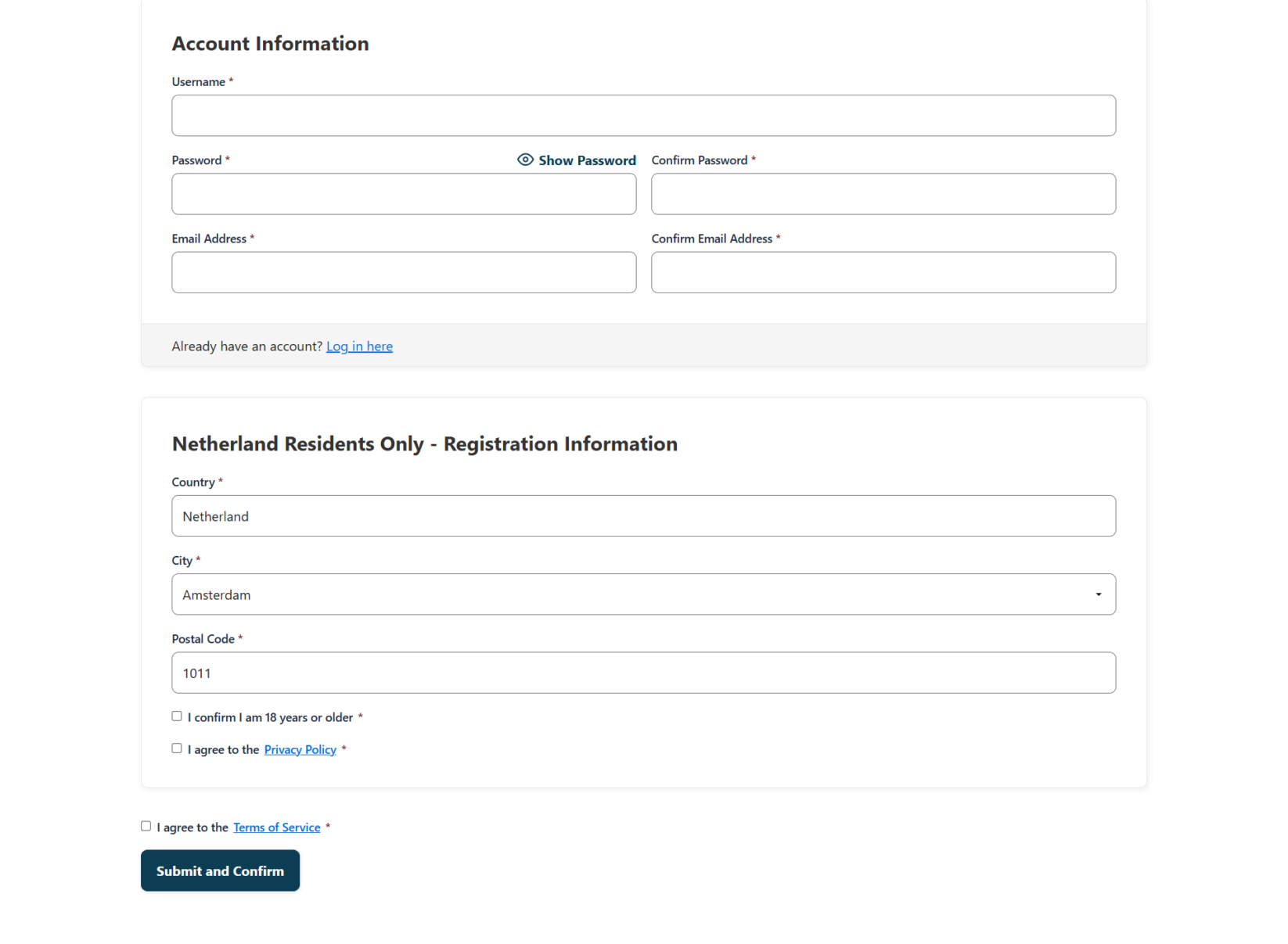 WordPress registration form showing required Terms of Service, Privacy Policy, and age confirmation checkboxes